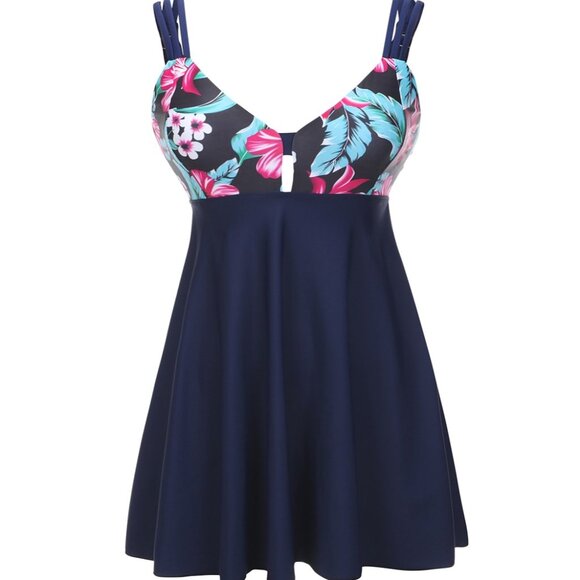Floral Print Upper Two-Piece Swimsuit Navy Blue Tankini Swim Dress Beachwear - Picture 6 of 10